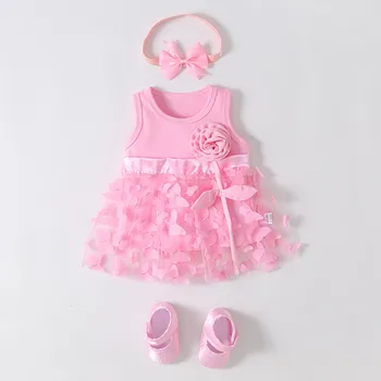 Летнее платье принцессы без рукавов для маленьких девочек, Однотонное платье с 3D бабочкой и цветочным узором + Обувь для новорожденных, повязки на голову, Одежда из 3 предметов