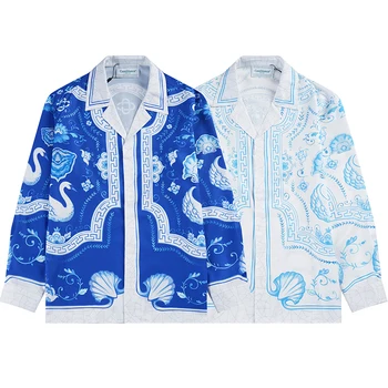 Спортивная рубашка с принтом в гавайском стиле Casablanca Harajuku, облегающая Мужчин И женщин, Повседневные Синие мужские рубашки