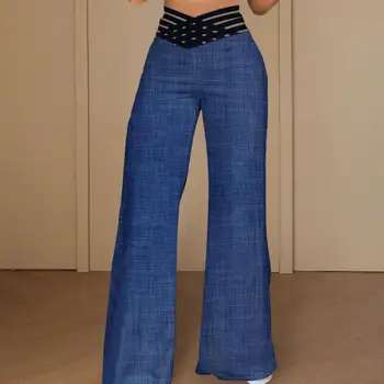 Женские брюки с широкими штанинами, струящиеся брюки с широкими штанинами, элегантные женские синие брюки с полой резинкой на высокой талии
