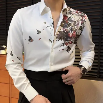 Горячая мужская рубашка с бриллиантовым принтом, рубашка с цветочными стразами, Camiseta Masculina, весенние рубашки для мужчин, одежда для светского клуба