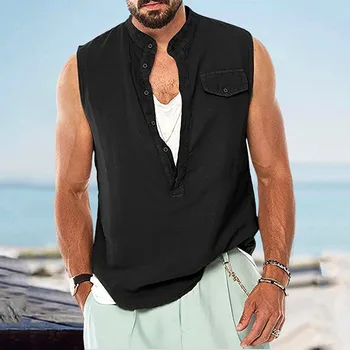 Мужские летние льняные рубашки большого размера без рукавов, майки с карманами, базовые мужские винтажные жилетки, Гавайские рубашки, пляжные рубашки