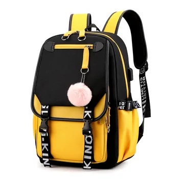 Студенческая сумка для книг USB-порт для девочек Холщовый школьный ранец Большие школьные сумки Модный черно-розовый подростковый школьный рюкзак для подростков
