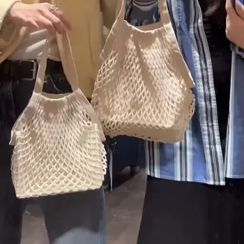 Вязаная сумка из полой сетки, холщовая сумка-тоут, женские простые модные хлопчатобумажные продуктовые пляжные сумки для девочек, роскошные дизайнерские