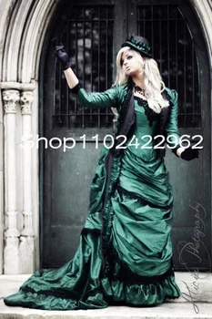 Зеленые выпускные платья 19 века Bustle Hunter с жакетом с длинным рукавом, корсет с рюшами, расшитый бисером, готическое викторианское вечернее платье