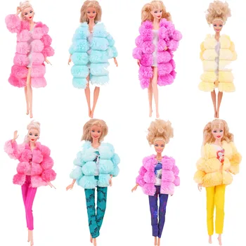 Многоцветное Мягкое Плюшевое Пальто с длинными рукавами + комплект платья, Короткое Плюшевое пальто + Комплект брюк, Зимняя Одежда Для Куклы Barbie 11,8 дюйма 30 см