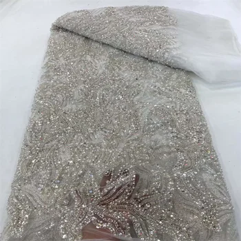 Африканская тюлевая кружевная ткань 2023, Высококачественная Белая Нигерийская Французская кружевная ткань с пайетками, расшитая бисером, для вечернего платья Sew WS4001