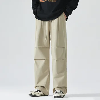 Весенне-Осенние Модные Простые Мужские Длинные Прямые брюки, Мужские Свободные Универсальные Трендовые Повседневные брюки С карманом и средней Талией
