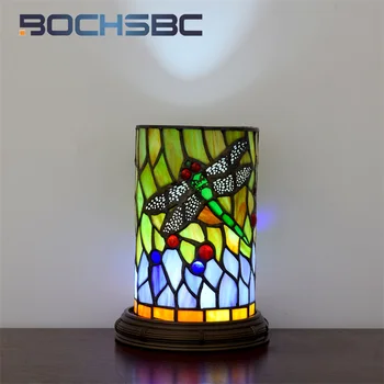 BOCHSBC витражная светодиодная настольная лампа Tiffany с USB-трехцветным освещением для гостиничного кабинета, прикроватный столик, лампа для чтения, ночник