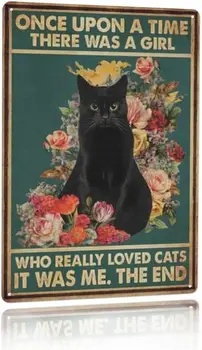Художественная вывеска в стиле ретро с цветами Черной Кошки. Давным-давно Жила Девушка, которая действительно любила Кошек. Подарок для любителей кошек Винтажный Металл