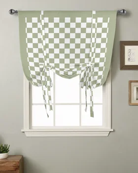 Травянисто-зеленый Клетчатый кухонный карниз с коротким окном, карманные шторы, домашний декор, маленькое окно, Римские шторы на завязках