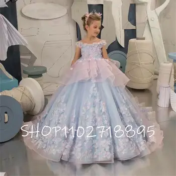 Голубое платье с цветочным узором для девочек Детское свадебное платье с аппликацией Платье принцессы на День рождения со шлейфом Нарядное Милое платье для ребенка