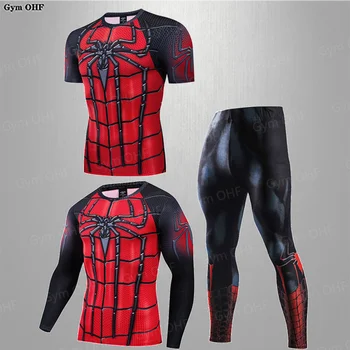 Спортивный комплект Superhero Rashguard, мужской спортивный костюм для бега, компрессионная спортивная одежда, костюмы, колготки для спортзала, тренировка, бег трусцой.