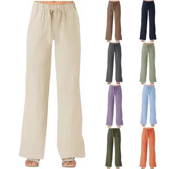 Женские однотонные брюки с карманами, свободные повседневные повседневные брюки из хлопка и льна, брюки с эластичной резинкой на талии для женщин
