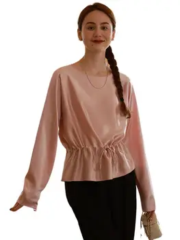 Осенняя атласная рубашка, женская модная рубашка свободного кроя, дизайн на шнуровке, женский топ с длинными рукавами