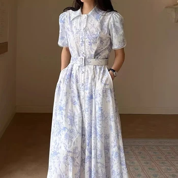 Французское ретро Элегантное однобортное длинное платье с отворотом, женское летнее Элегантное платье средней длины с поясом, с принтом, с короткими рукавами, Vestidos