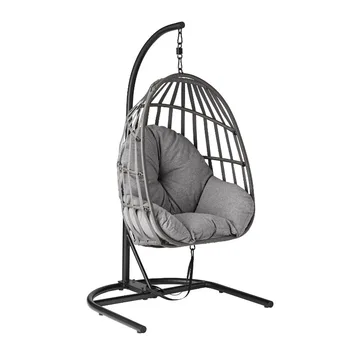 Опоры Плетеного подвесного кресла для яиц во внутреннем дворике с олефиновой подушкой и металлической подставкой Серого цвета