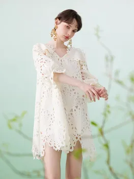 Грудь 96-100 см /Весенне-летние женские сказочные Элегантные открытые кружевные белые платья с V-образным вырезом