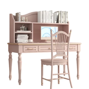 Комбинация компьютерного стола и стула, Розовый письменный стол с книжной полкой, офисный стол, мебель для кабинета, комбинация