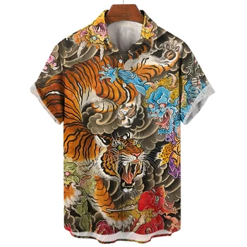 Рубашка с рисунком тигра, Летняя мужская рубашка Hunter с коротким рукавом, топы с аниме-принтом, Повседневная одежда на пуговицах с лацканами, пуловер 5XL