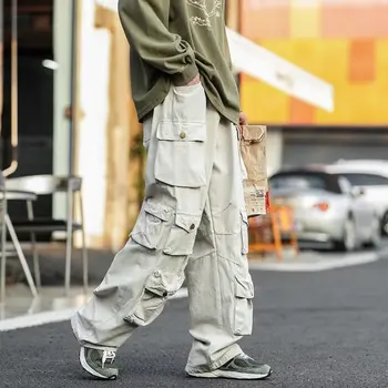 Мужские брюки-карго с несколькими карманами, Осенний винтажный однотонный комбинезон в стиле хип-хоп, Мешковатые повседневные брюки для уборки улиц.