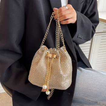 Женская мода, бриллианты, горный хрусталь, сумки-ведра, ретро Жемчужная цепочка, женские сумки через плечо, блестящие маленькие сумки через плечо, женские сумки