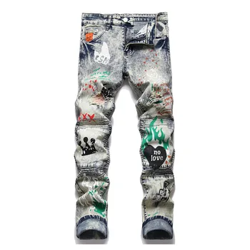 Модные хип-хоп Рваные Выстиранные джинсовые брюки Мужские Harakuju Уличная одежда Джинсовые брюки с принтом в стиле панк