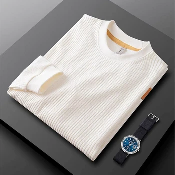 Легкий роскошный свитер высокого класса с круглым вырезом seersucker, мужской трендовый дизайн осени 2023, однотонный пуловер, футболка с длинными рукавами