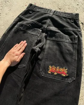 Джинсы с завышенной талией в стиле готический винтажный уличный хип-хоп с текстовым принтом Y2K, выстиранные мешковатые джинсы, мужские повседневные широкие черные брюки, мужские