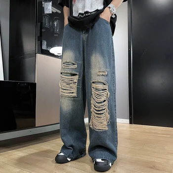 Рваные джинсы в американском стиле, мужские летние брюки-хулиган, Красивый нищий, Свободные повседневные широкие брюки для мытья посуды, мужская одежда