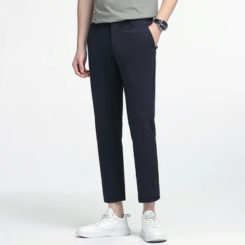 Высококачественные брюки для делового костюма, мужская трендовая корейская версия, укороченные брюки 2023, летние повседневные брюки ice silk, дышащие стрейчевые повседневные брюки