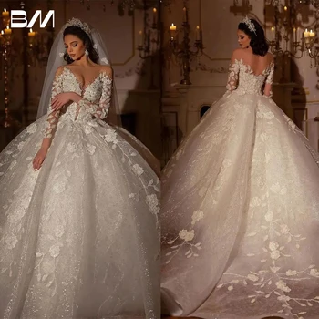 Прозрачная горловина Длинные рукава Свадебные платья с жемчугом, Сшитые на заказ с длинным шлейфом Vestido de novia, Роскошные свадебные платья с блестящими аппликациями.