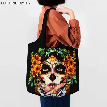 Сумка для покупок в продуктовых магазинах Halloween Catrina Sugar Skull, холщовые сумки через плечо, прочная Мексиканская дамская сумочка большой емкости