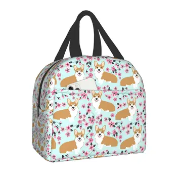 Ланч-бокс Corgi Cherry Blossom с цветочной собачкой, Многоразовый ланч-бокс для женщин, Многофункциональный термоохладитель, сумка для ланча с пищевой изоляцией, детская школьная сумка
