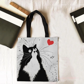 Черно-белая сумка с котом, модная дорожная сумка в стиле ретро, женская портативная Эко-сумка для покупок, высококачественная складная сумка, женские сумки