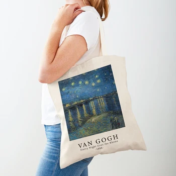 Женские сумки для покупок с принтом картин маслом Винсента Ван Гога, двусторонняя Эко-повседневная холщовая сумка через плечо, сумка для покупок