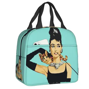 Забавные сумки для ланча с термоизолированной кошкой Одри Хепберн, женские Многоразовые контейнеры для ланча для пикника на открытом воздухе, Многофункциональная коробка для еды