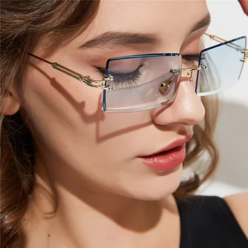 Прямоугольные солнцезащитные очки Женские очки без оправы Y2K Модные аксессуары для отдыха Пешие прогулки Металлические очки для вождения