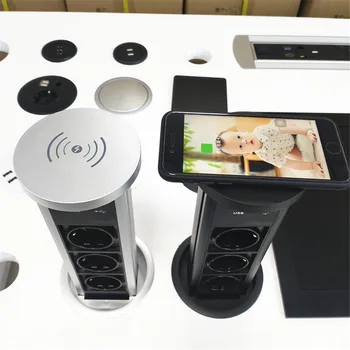 Автоматическая Гидравлическая Газовая Настольная Кухонная Всплывающая Розетка с 3 Розетками ЕС, 2 USB-Зарядными Устройствами Qi Wireless Charger