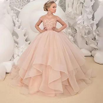 Новая элегантная детская одежда в цветочек, свадебное платье для девочек с кружевной аппликацией и оборками, длинное бальное платье принцессы