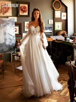 Красивое свадебное платье с кружевными аппликациями и длинным рукавом, платья для невесты, пышное свадебное платье в виде сердечка, Vestidos De Novia