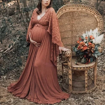 Женские кружевные платья в стиле бохо для фотосессии беременных, макси-платье для фотосессии беременных, наряд с V-образным вырезом, платье с цветочным рисунком для душа ребенка
