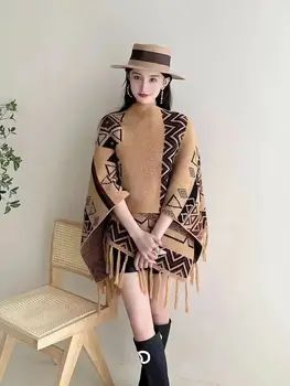 8 Цветов, новая Осенне-зимняя Корейская версия, Вязаное пончо, накидка, Женская уличная одежда из искусственного кашемира, теплая шаль с принтом, шапка