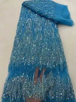 Синяя кружевная ткань для жениха в Африканском стиле, расшитая бисером 2023, Высококачественные Французские Нигерийские кружевные ткани с пайетками для пошива свадебных вечерних платьев