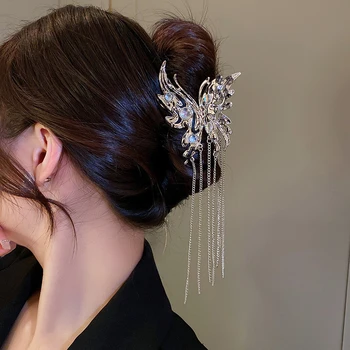 Модные Женские коготки-бабочки, ретро Металлическая заколка для волос с длинной кисточкой и камнем, Корейская модная Заколка для волос, аксессуары для волос