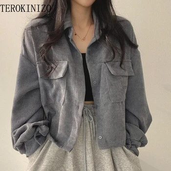 Винтажные куртки TEROKINIZO Harajuku, женская однотонная Простая свободная повседневная верхняя одежда, женские универсальные пальто с отложным воротником
