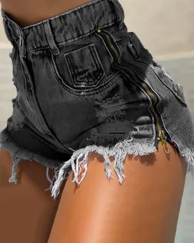 Шорты-карго Y2K, джинсы, Летняя повседневная женская мода 2023 года, высокая талия, однотонный дизайн с боковой молнией, джинсовые шорты с необработанным подолом, базовые