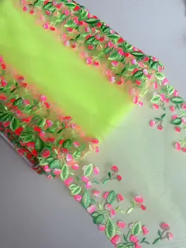 10 метров флуоресцентной зеленой сетки с кружевной отделкой, вышитой вишней, Двухцветные ткани для нижнего белья, бюстгальтера, платья, пошива нижнего белья.