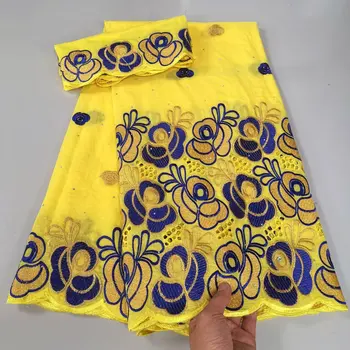 Популярное сине-золотое нигерийское швейцарское хлопчатобумажное кружево Lagos 5 ярдов и 2 ярда сетчатой африканской ткани для пошива свадебного платья