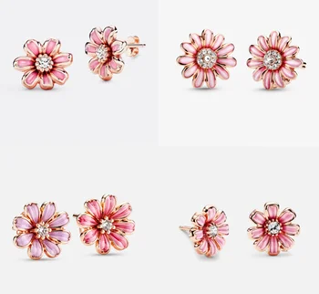 Серьги-гвоздики из стерлингового серебра S925 пробы с розовой эмалью и хрустальным цветком в наборе Daual
