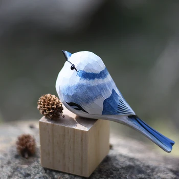 Толстая щебечущая резная деревянная птица подарок на день рождения серо-голубая синица украшение столешницы из цельного дерева ручной работы статуэтки для украшения